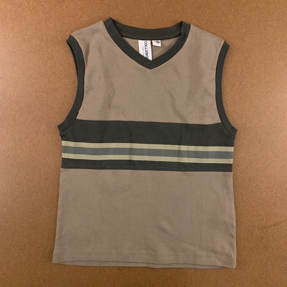 Collusion Womens Size 6 Tan Striped High V Neck Pullover Short Tank Top New